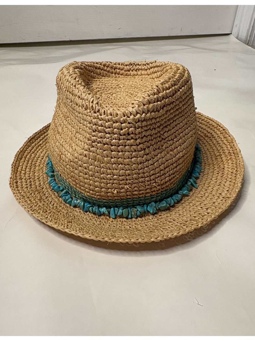 Wallaroo Raffia Tahiti Handwoven Straw Fedora Sun Hat Turquoise Bead Trim - Picture 2 of 8